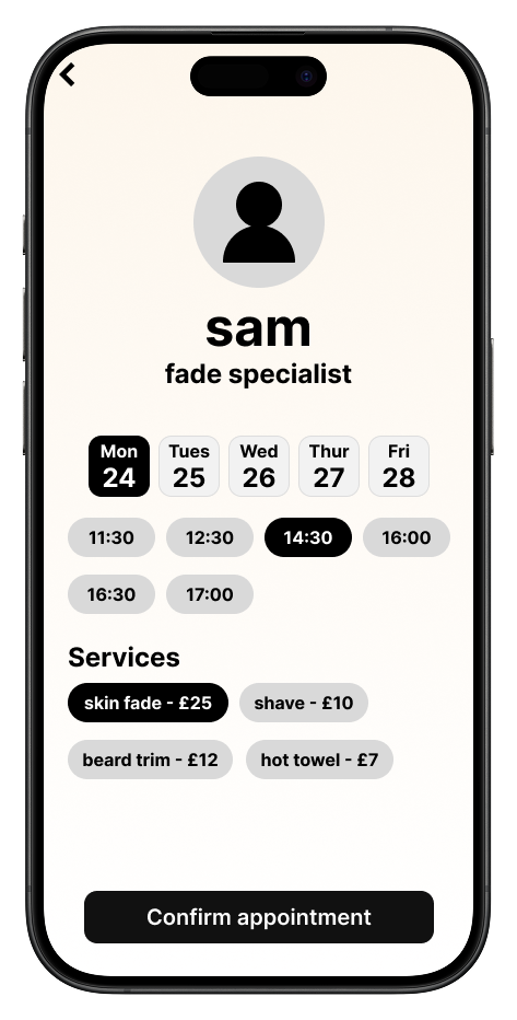 Barber Booking System - Secondary Interface